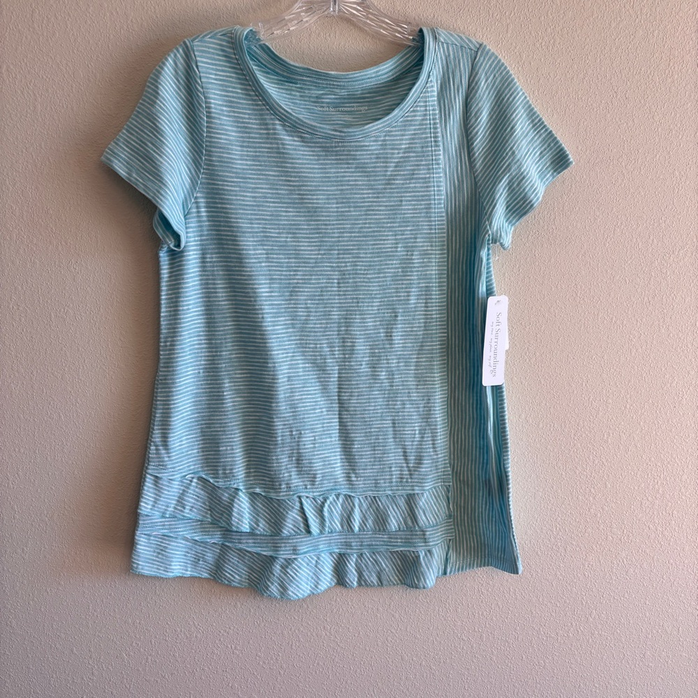 Soft Surroundings Women’s Aqua Sky White Striped Short Sleeve Top SZ XSmall NWT